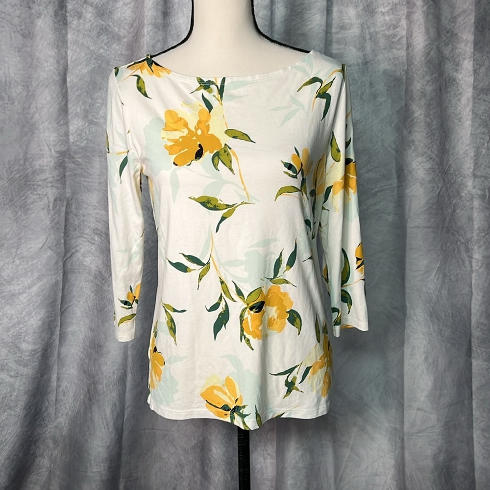 Ann Taylor Floral 3/4 Sleeve Top White Yellow Turquoise Green